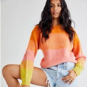 FREE PEOPLE Autumn Sky Wool Pullover Sweater Sunset Stripe Boho Knit Orange L